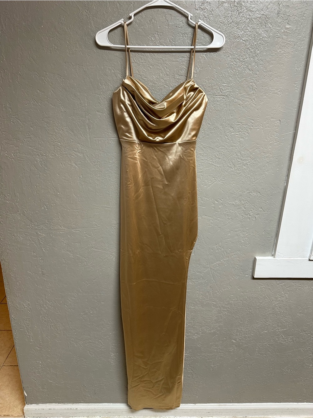 Windsor Gold Satin Cowl Neck‎ Spaghetti Strap Gown